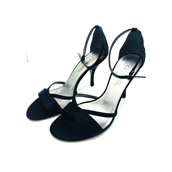 Chanel Embellished Classic Black Satin Strappy Sandals size 39.5 - Picture 9 of 11